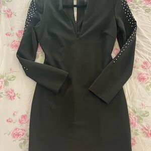 Black Long Sleeve Sheath Dress with V-Neck and Embellishments (stretch)